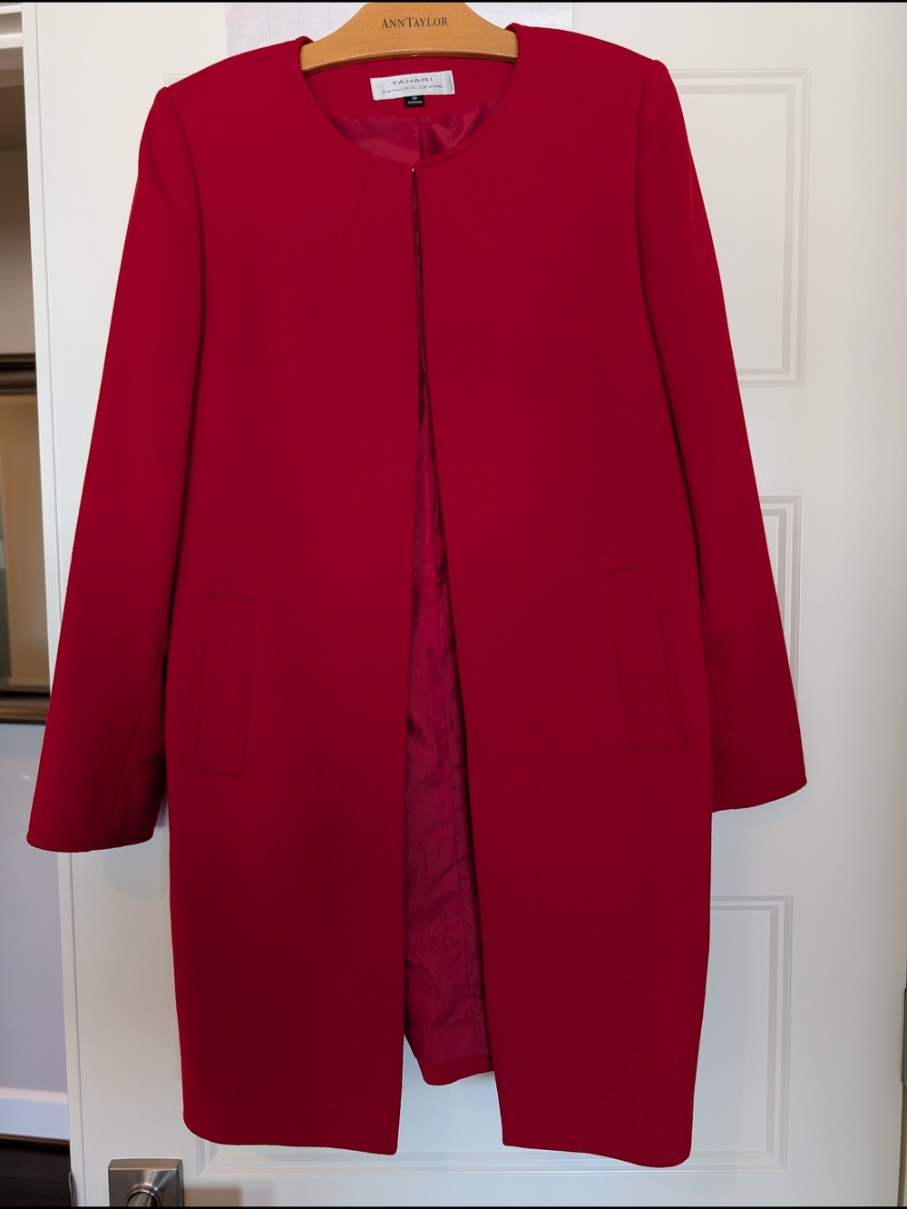 Tahari Red Long Collarless Coat
